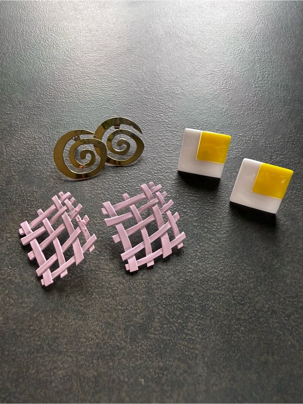 Totally 80’s Retro Earring Set — Gold Spiral, Pink Woven, Yellow & White Squares